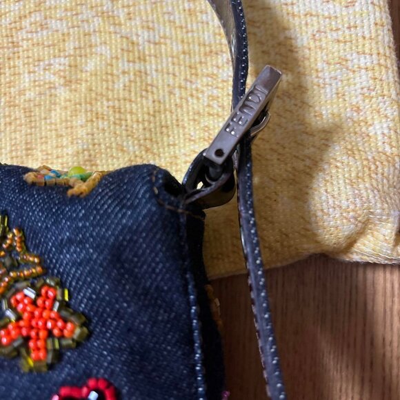 Authentic FENDI FF Denim Ricami Beaded Baguette Floral Blue Abstract Flap Purse - Picture 10 of 14